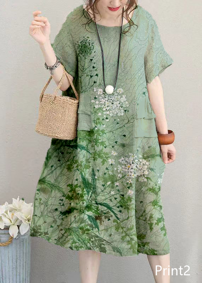 Fine Print2 Linen Dress Linen Clothing Dresses O Neck Patchwork Cotton Dress