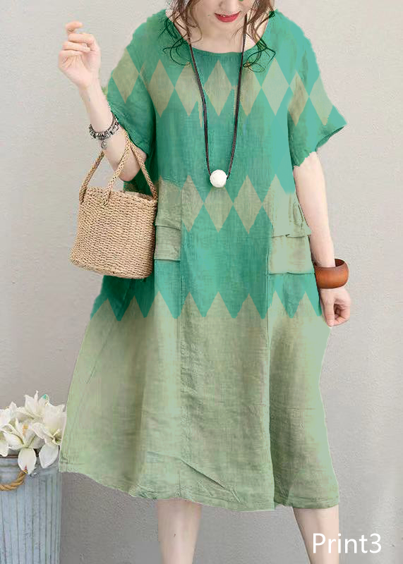Fine Print5 Linen Dress Linen Clothing Dresses O Neck Patchwork Cotton Dress