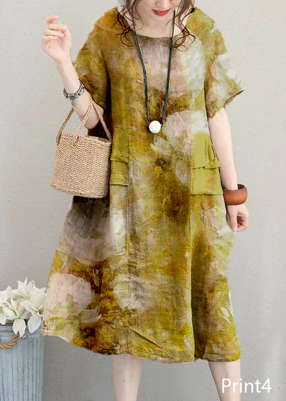 Fine Print1 Linen Dress Linen Clothing Dresses O Neck Patchwork Cotton Dress
