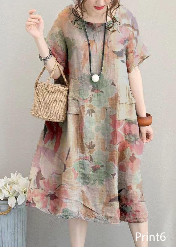 Fine Print1 Linen Dress Linen Clothing Dresses O Neck Patchwork Cotton Dress