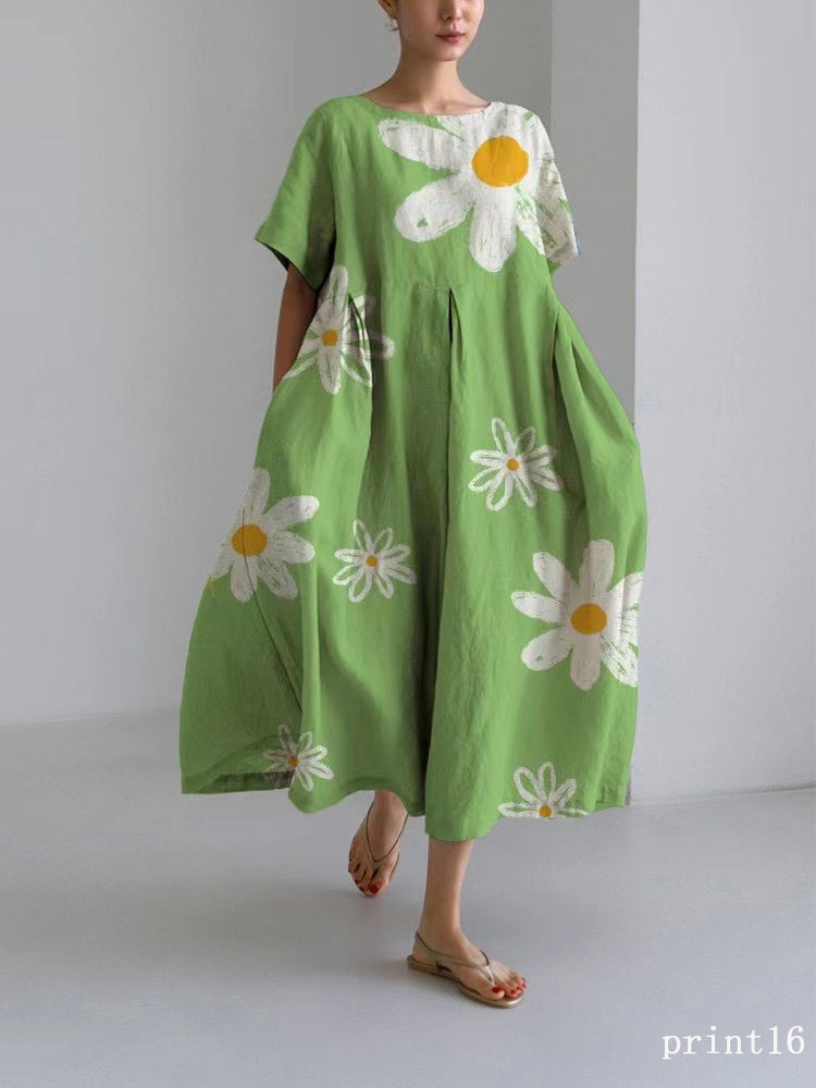 Flower Print9 Cotton Dresses Pockets Patchwork Spring