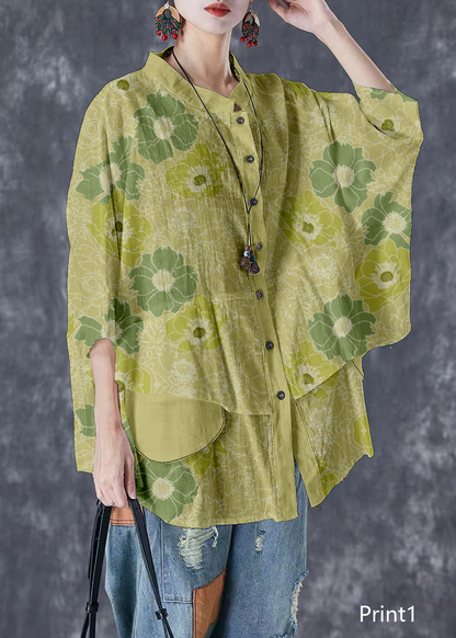 Print7 Stand Collar Patchwork Linen Shirt Tops Batwing Sleeve
