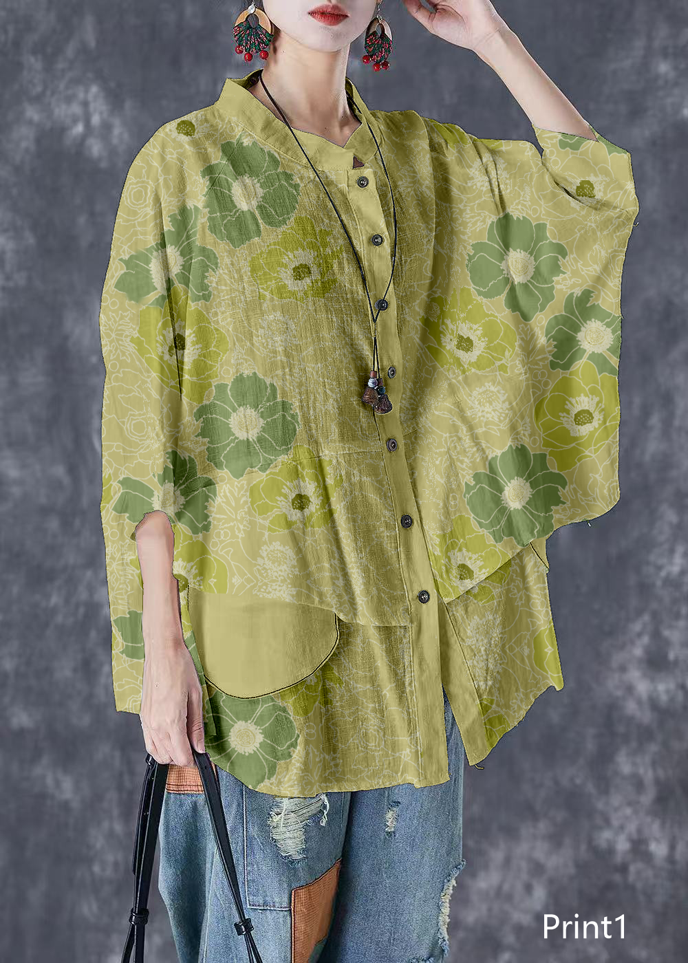 Print2 Stand Collar Patchwork Linen Shirt Tops Batwing Sleeve