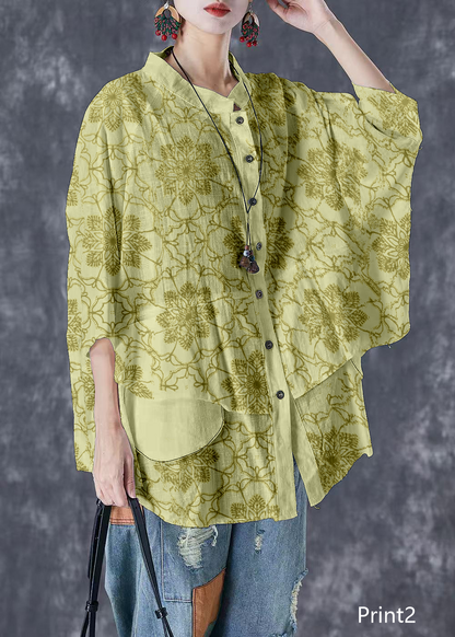Print3 Stand Collar Patchwork Linen Shirt Tops Batwing Sleeve