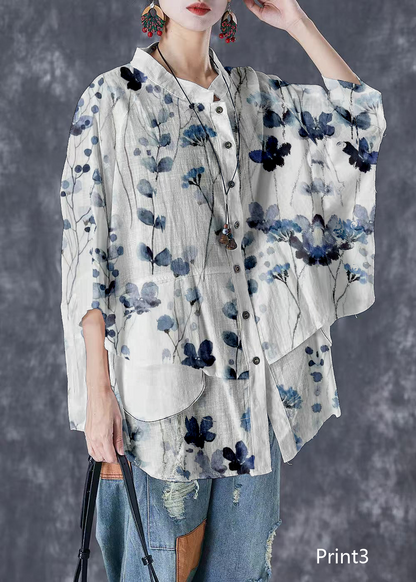 Print4 Stand Collar Patchwork Linen Shirt Tops Batwing Sleeve
