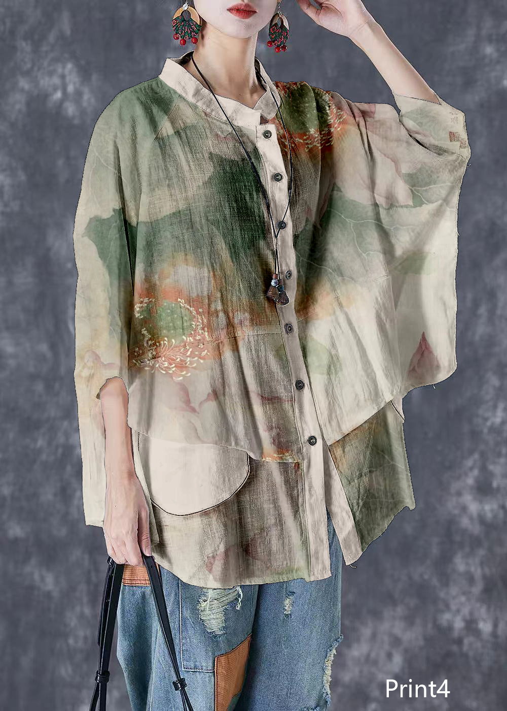 Print7 Stand Collar Patchwork Linen Shirt Tops Batwing Sleeve