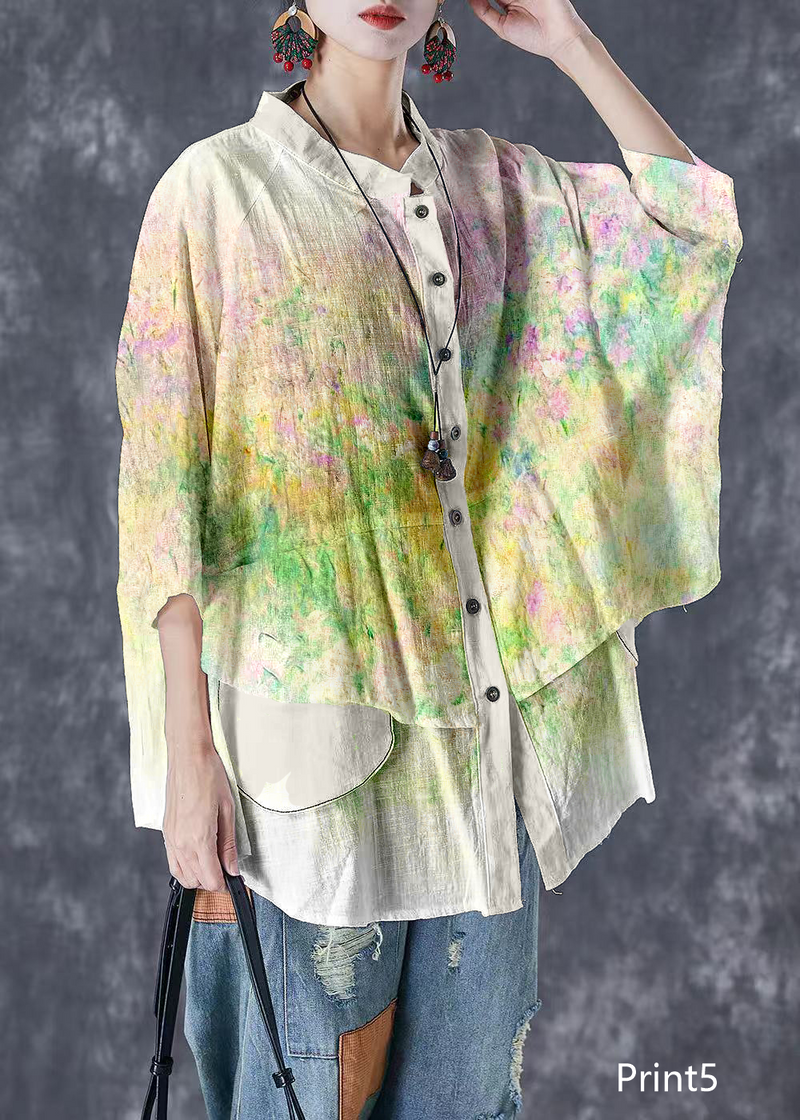 Print1 Stand Collar Patchwork Linen Shirt Tops Batwing Sleeve