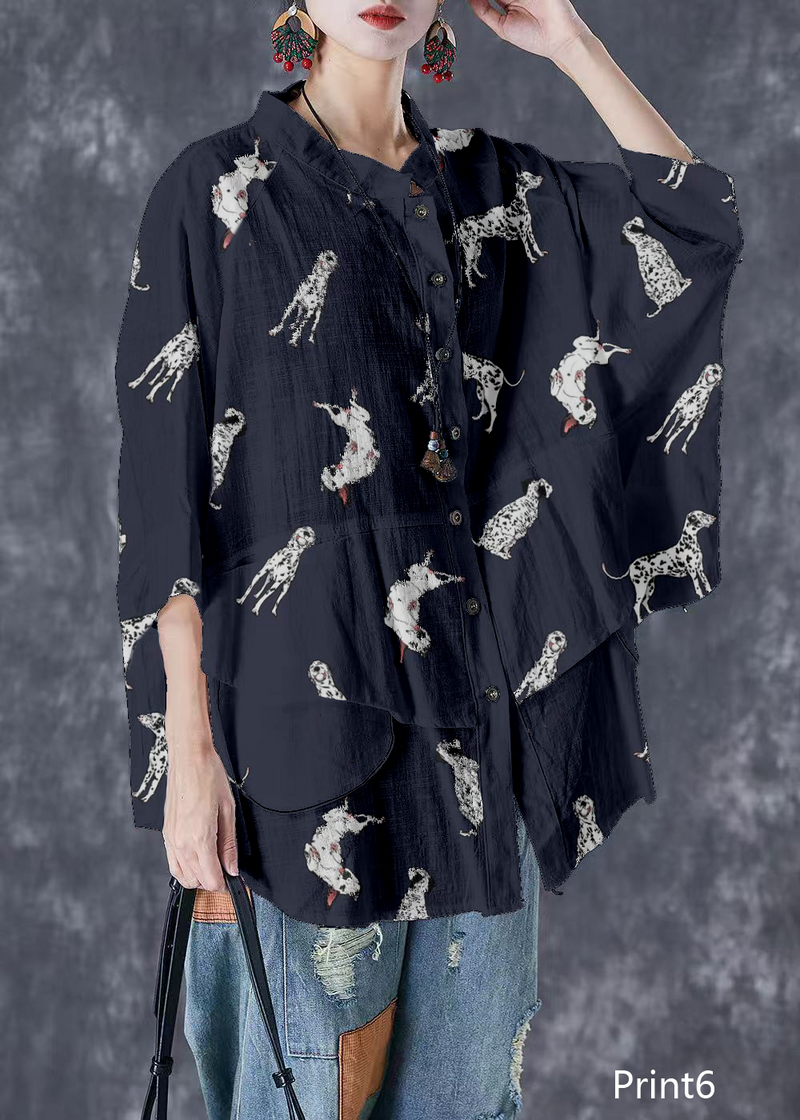 Print4 Stand Collar Patchwork Linen Shirt Tops Batwing Sleeve