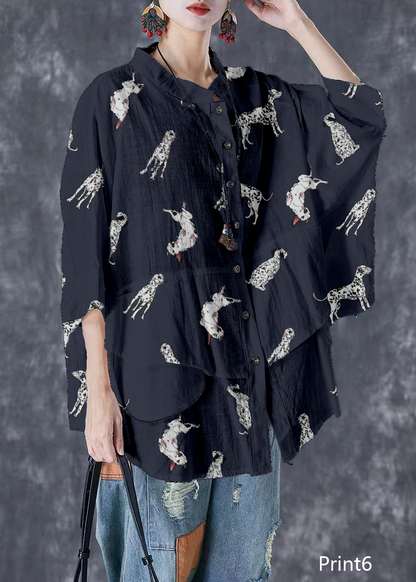 Print1 Stand Collar Patchwork Linen Shirt Tops Batwing Sleeve
