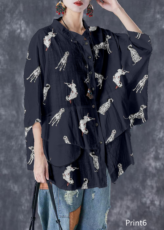 Print6 Stand Collar Patchwork Linen Shirt Tops Batwing Sleeve