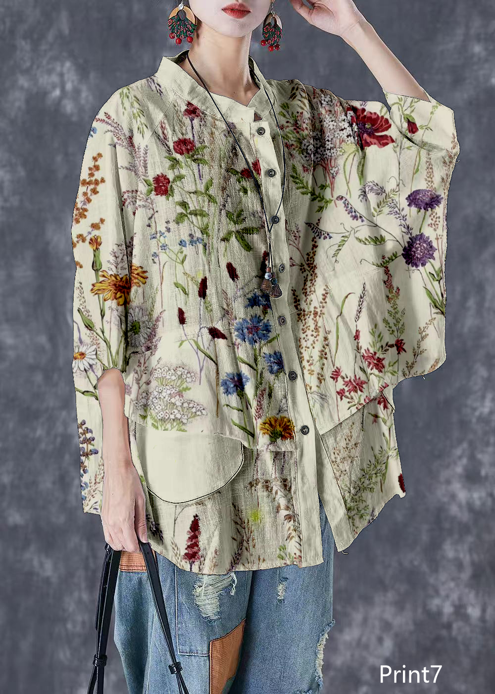 Print3 Stand Collar Patchwork Linen Shirt Tops Batwing Sleeve
