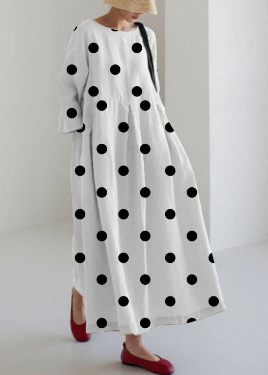White Spliced Polka Dots Cotton Dresses Pockets Patchwork Spring