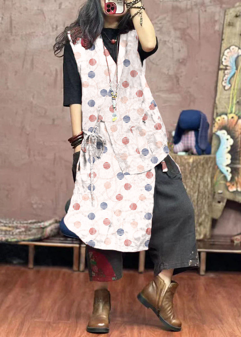 White Asymmetrical Print Patchwork Cotton Waistcoat Sleeveless