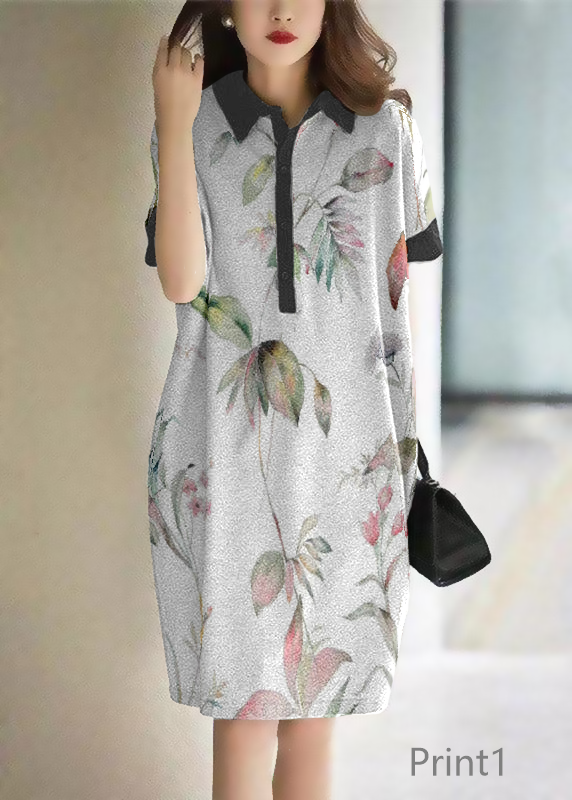 Print2 Peter Pan Collar Button Cotton Maxi Dresses Short Sleeve