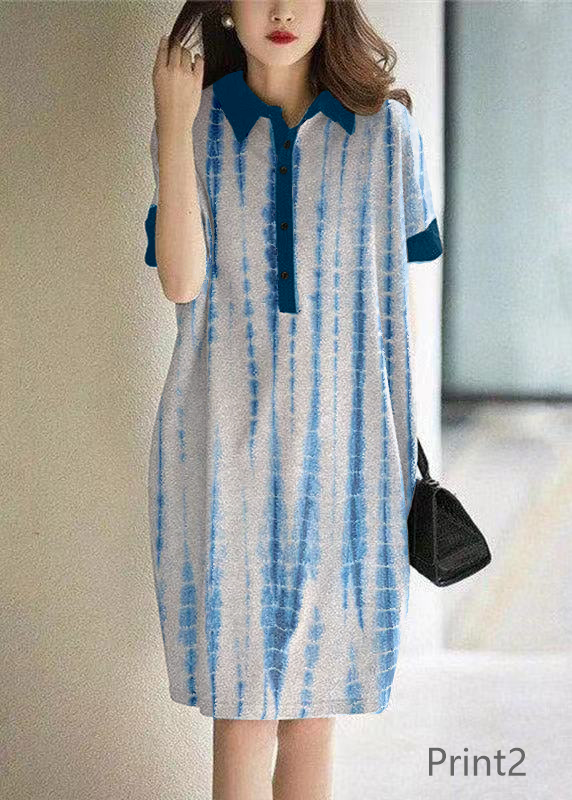 Print3 Peter Pan Collar Button Cotton Maxi Dresses Short Sleeve