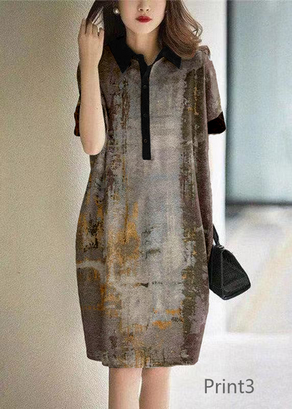Print2 Peter Pan Collar Button Cotton Maxi Dresses Short Sleeve