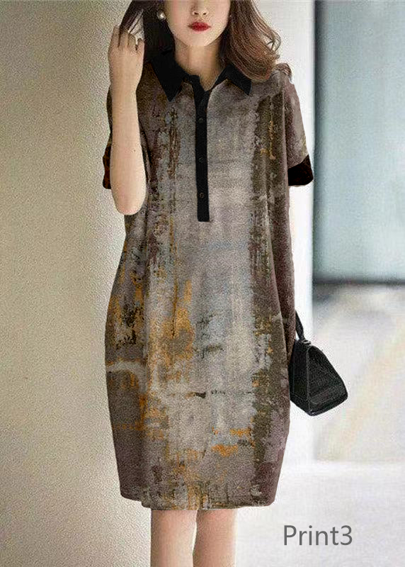 Print2 Peter Pan Collar Button Cotton Maxi Dresses Short Sleeve