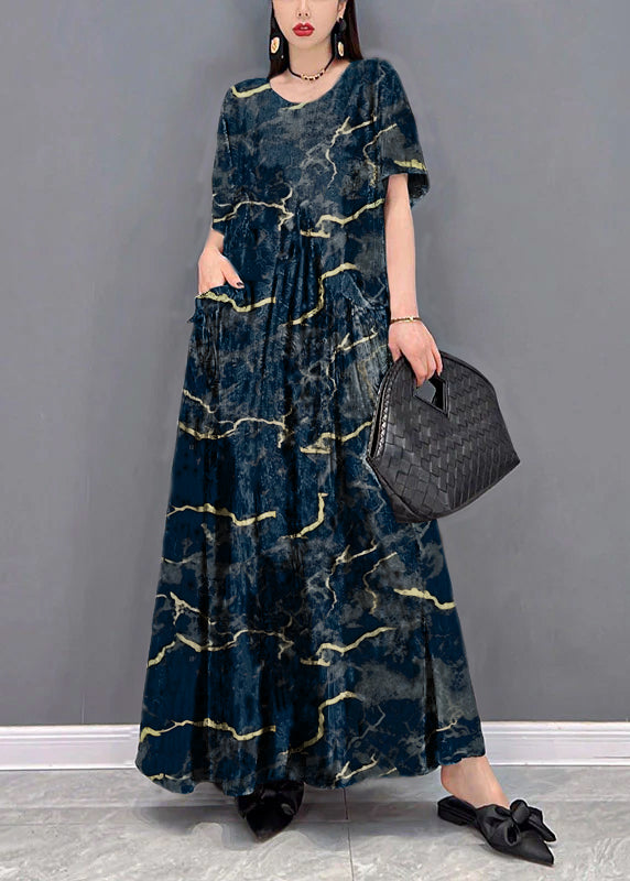 Black O-neck Print Pockets Long Dresses Short Sleeve
