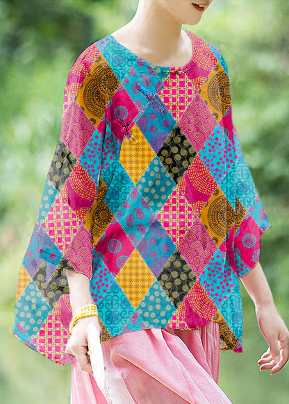 Natural Red Texture O Neck Print Chinese Button Linen Shirt Summer