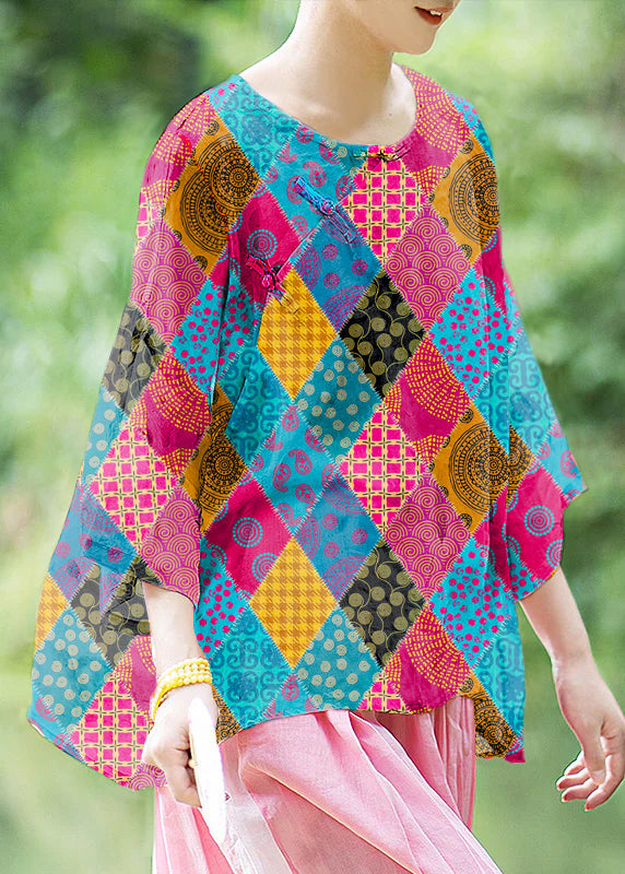 Natural Black Butterfly O Neck Print Chinese Button Linen Shirt Summer