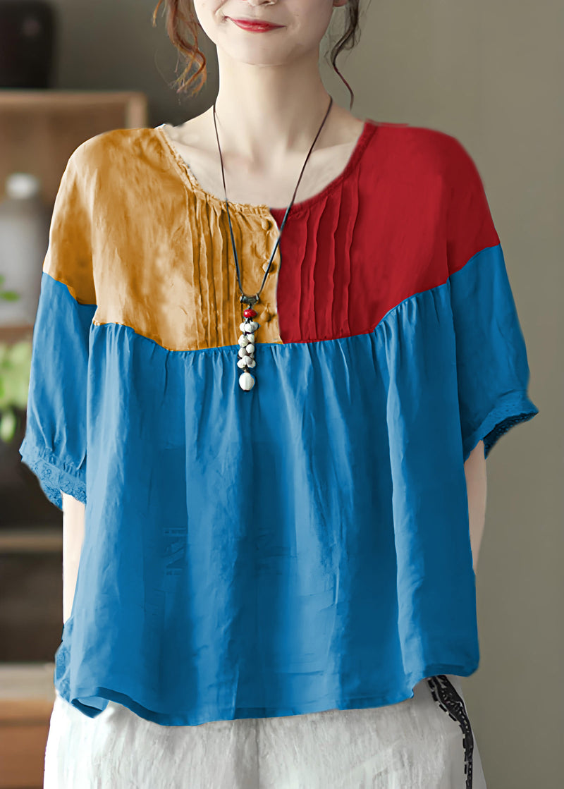 Purple Flowers Grey Button Linen Tops Half Sleeve