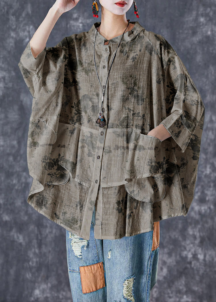 Orange-flower Stand Collar Patchwork Linen Shirt Tops Batwing Sleeve