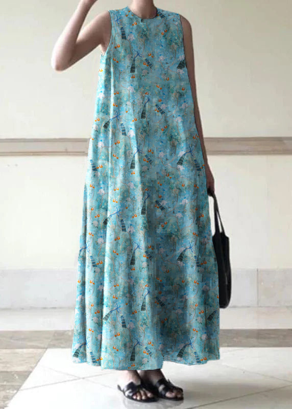 Handmade Blue Linen Dresses O Neck Sleeveless Cotton Robes Summer Dresses