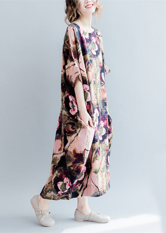 Fine Pink Prints Linen Dresses O Neck Linen Maxi Dress Fine Short Sleeve Linen Caftans