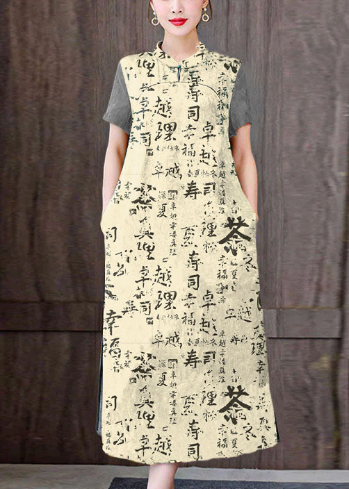 Fitted Black Phoenix Mandarin Collar Print Pockets Silk Long Dresses Short Sleeve