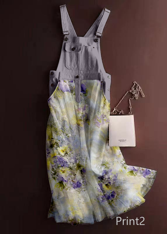 Unique Print4 Tulle Patchwork Denim Strap Dress Summer