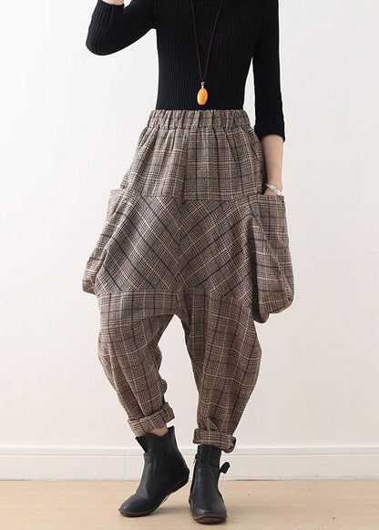 19 Original Design Literary Loose Knitted Brown Plaid Harem Pants