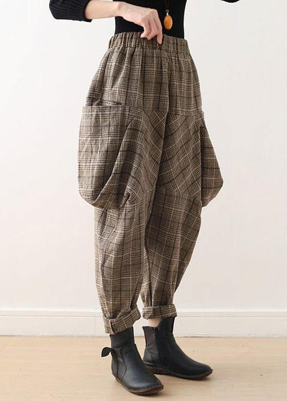 19 Original Design Literary Loose Knitted Brown Plaid Harem Pants