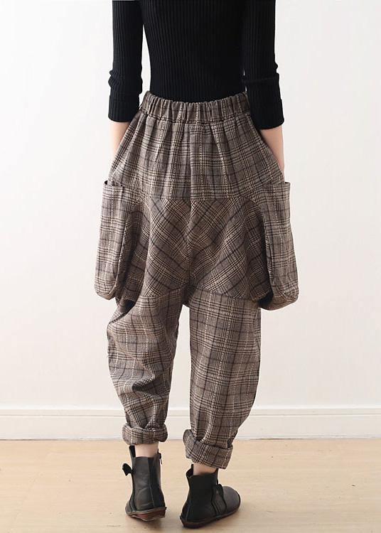 19 Original Design Literary Loose Knitted Brown Plaid Harem Pants