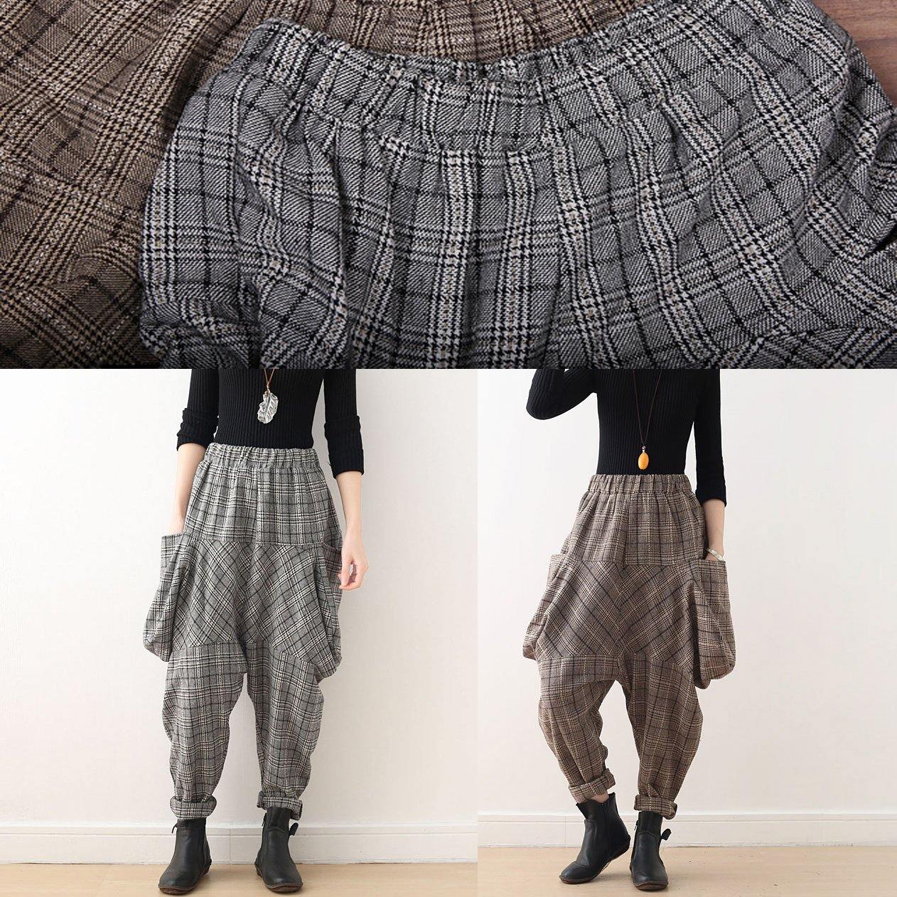 19 Original Design Literary Loose Knitted Brown Plaid Harem Pants