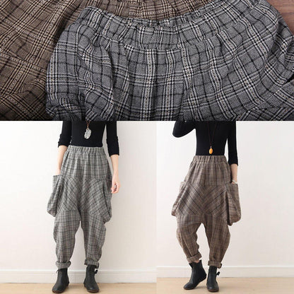19 Original Design Literary Loose Knitted Brown Plaid Harem Pants