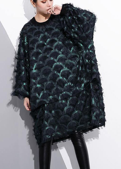 Green Midi-length Silk Polyester Dress Loose Fitting Shirt Dress New Tassel Long Sleeve Dresses
