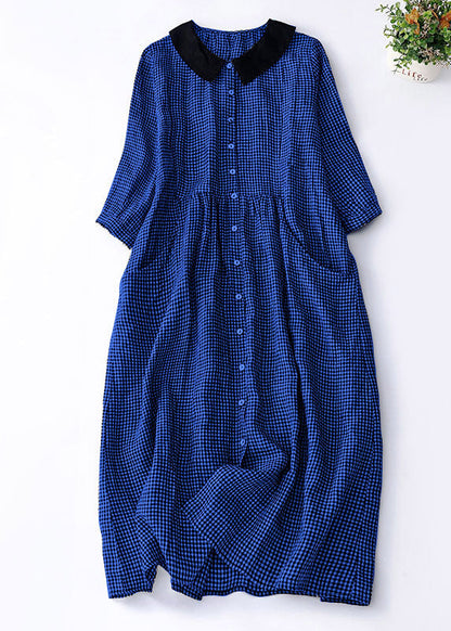 Organic Purple Plaid Peter Pan Collar Patchwork Linen Dresses Summer