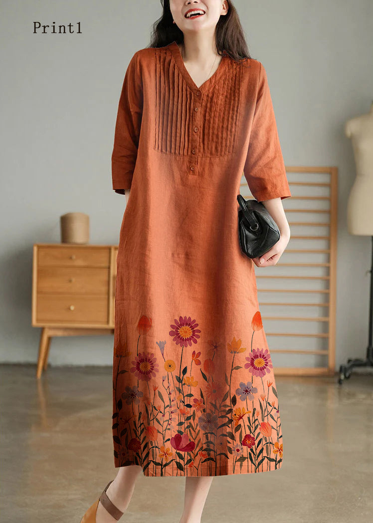 White Print8 Loose Linen Long Dresses Button Half Sleeve