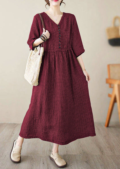 Purple V Neck Plaid Patchwork Button Linen Maxi Dresses Summer