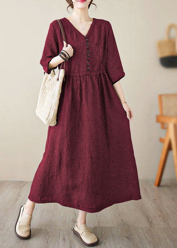Purple V Neck Plaid Patchwork Button Linen Maxi Dresses Summer
