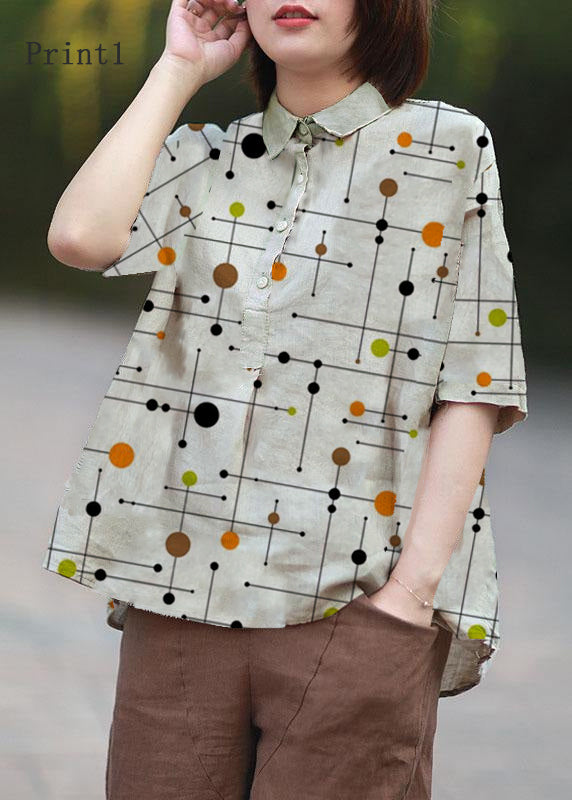 Beige-print3 Peter Pan Collar Print Summer Linen Blouses Half Sleeve
