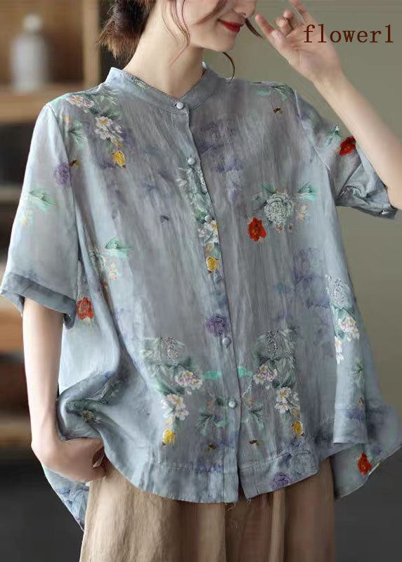 Blue- Flower2 Stand Collar Print Tops Half Sleeve