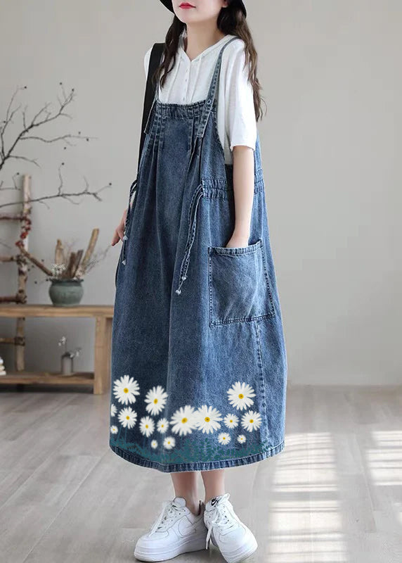 Blue Drawstring Pocket Spaghetti Strap Cotton Denim Dress Spring