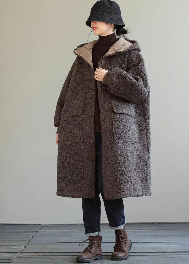 Blue Hooded Button Faux Fur Winter Coat
