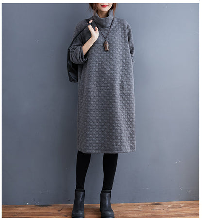 New Oversize Cotton Clothing Dresses Long Sleeve Turtleneck Pockets Dress