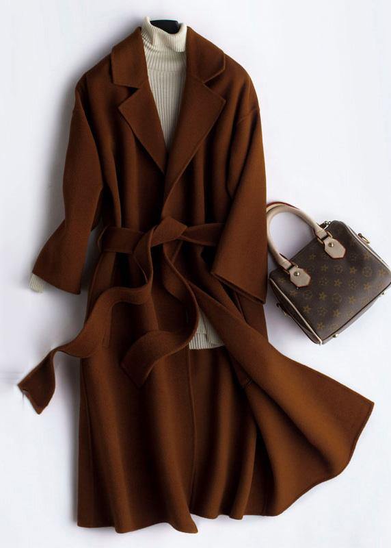 Oversize Trench Coat Coat Brown Notched Tie Waist Woolen Coat