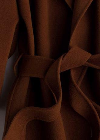 Oversize Trench Coat Coat Brown Notched Tie Waist Woolen Coat