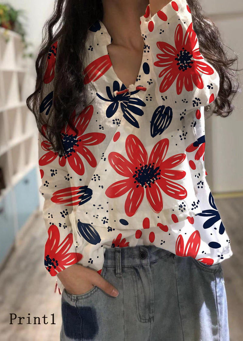White-print3 Linen Blouse V Neck Fall Top