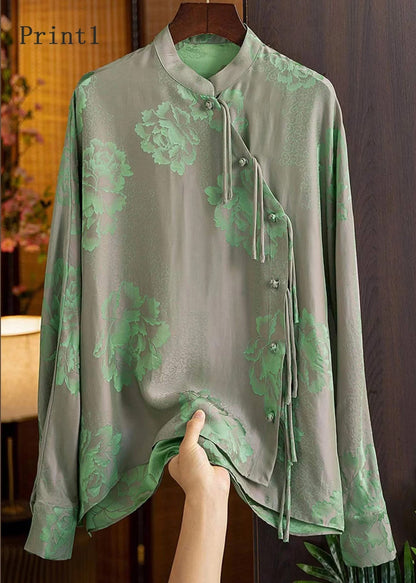 Beautiful Green-Print3 Mandarin Collar Button Print Silk Shirt Top Spring