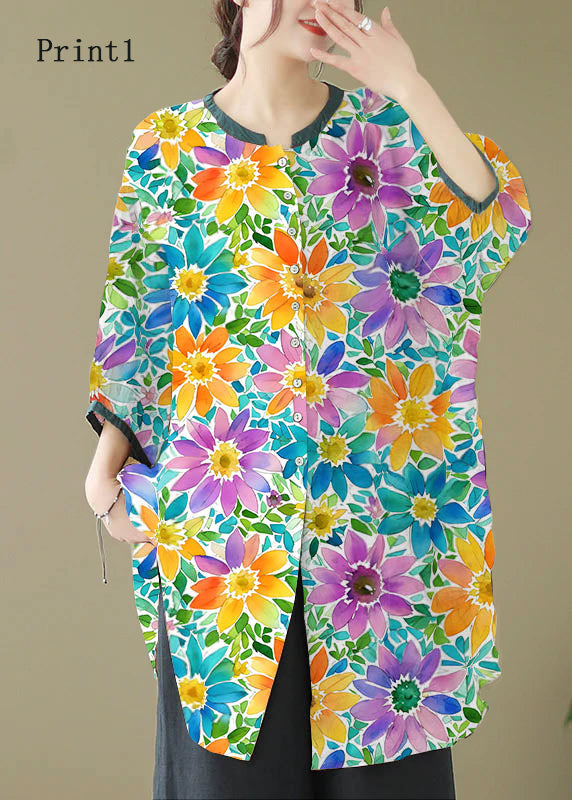 Khaki Print Linen Shirt Dresses O-neck Oversized Lantern Sleeve